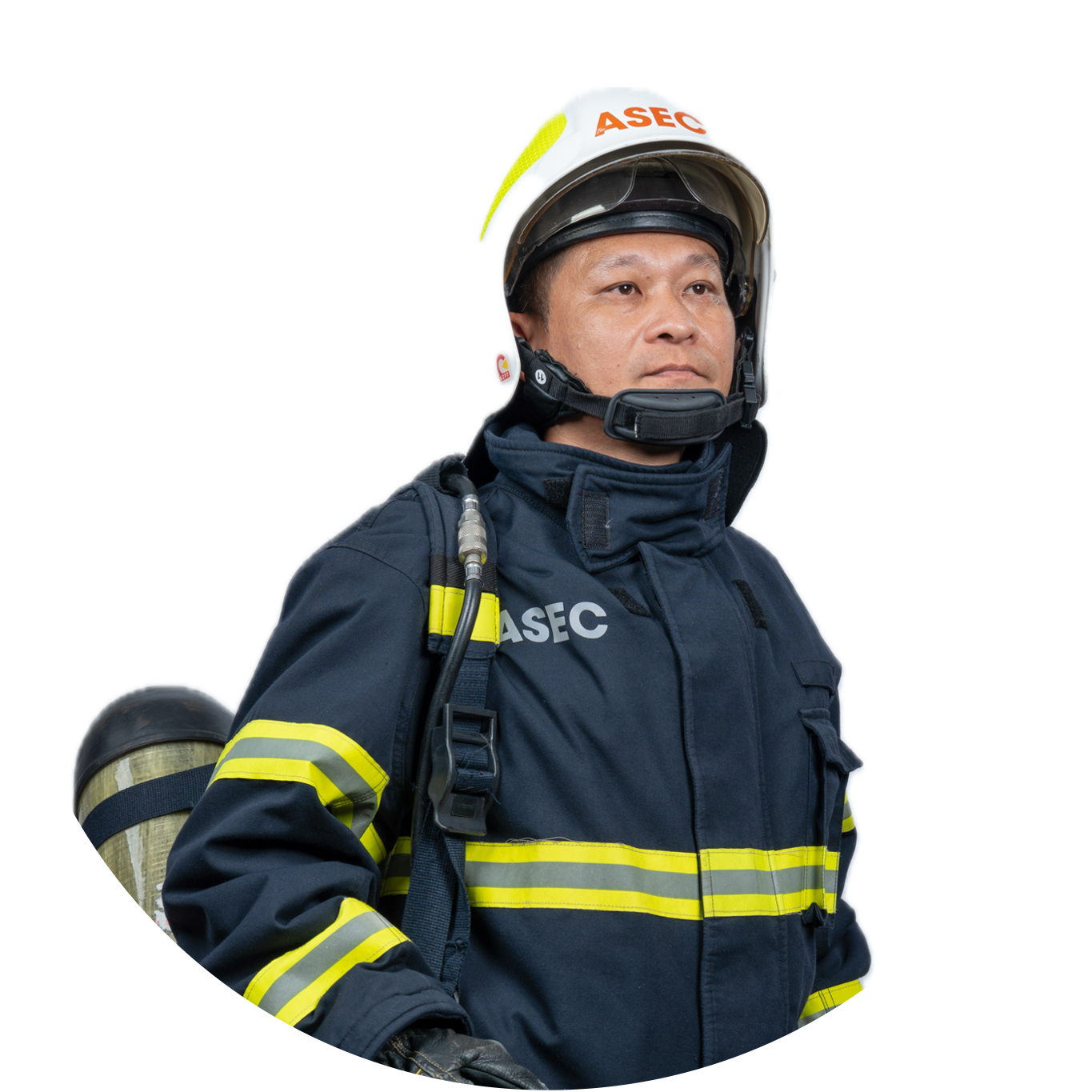ASEC Master Trainer Raymond Ngu wearing full firefighting gear, representing ASEC’s advanced fire and rescue expertise.