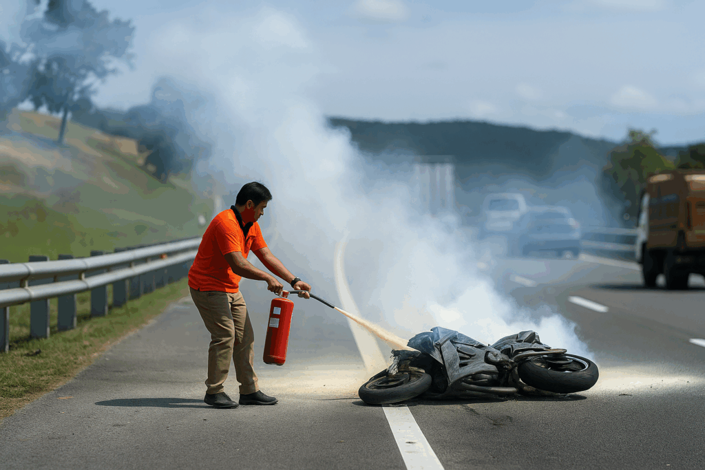 ASEC trainer using a fire extinguisher by the roadside