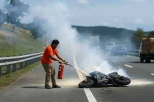 ASEC trainer using a fire extinguisher by the roadside