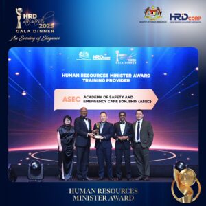 ASEC wins the Human Resources Minister Award for Top Training Provider at the HRD Corp Awards 2025, presented by the Ministry of Human Resources and HRD Corp.