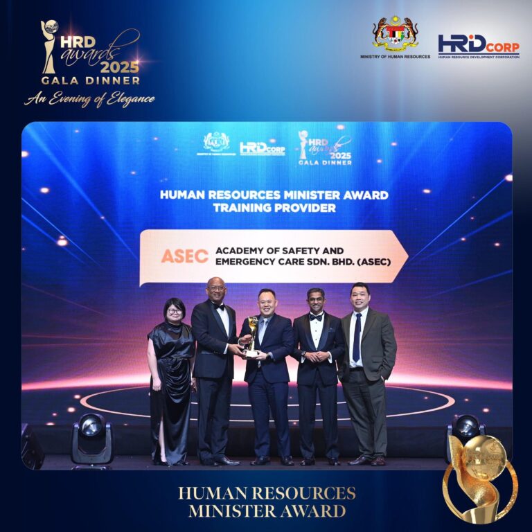 ASEC wins the Human Resources Minister Award for Top Training Provider at the HRD Corp Awards 2025, presented by the Ministry of Human Resources and HRD Corp.