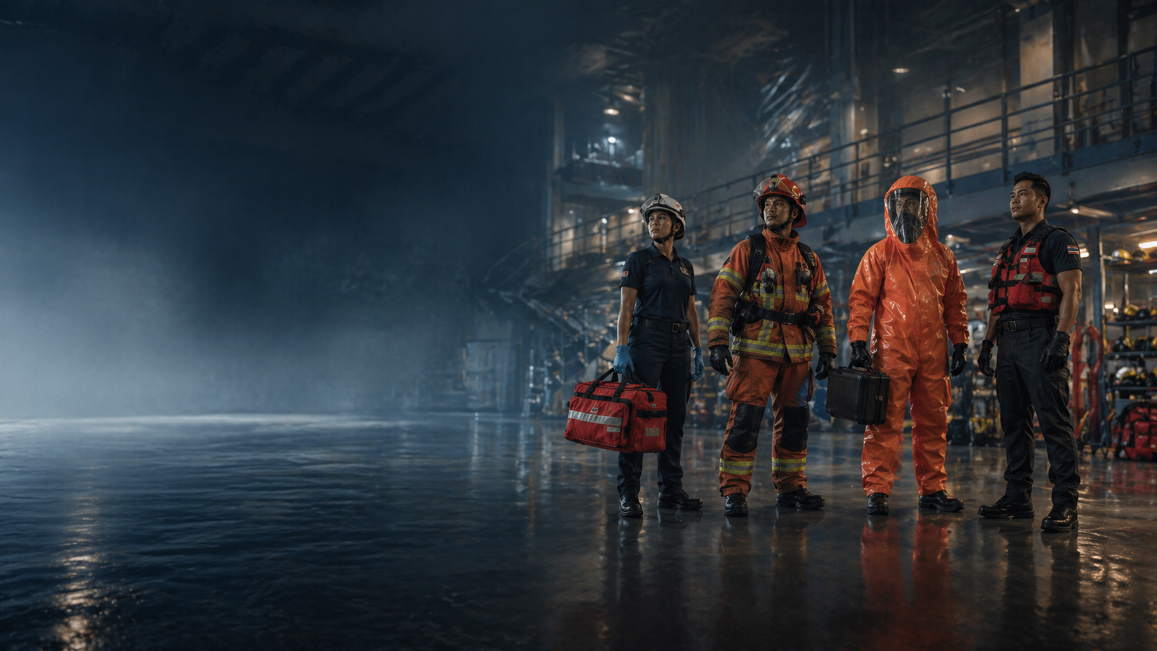 Emergency response training participants preparing for practical workplace emergency response training