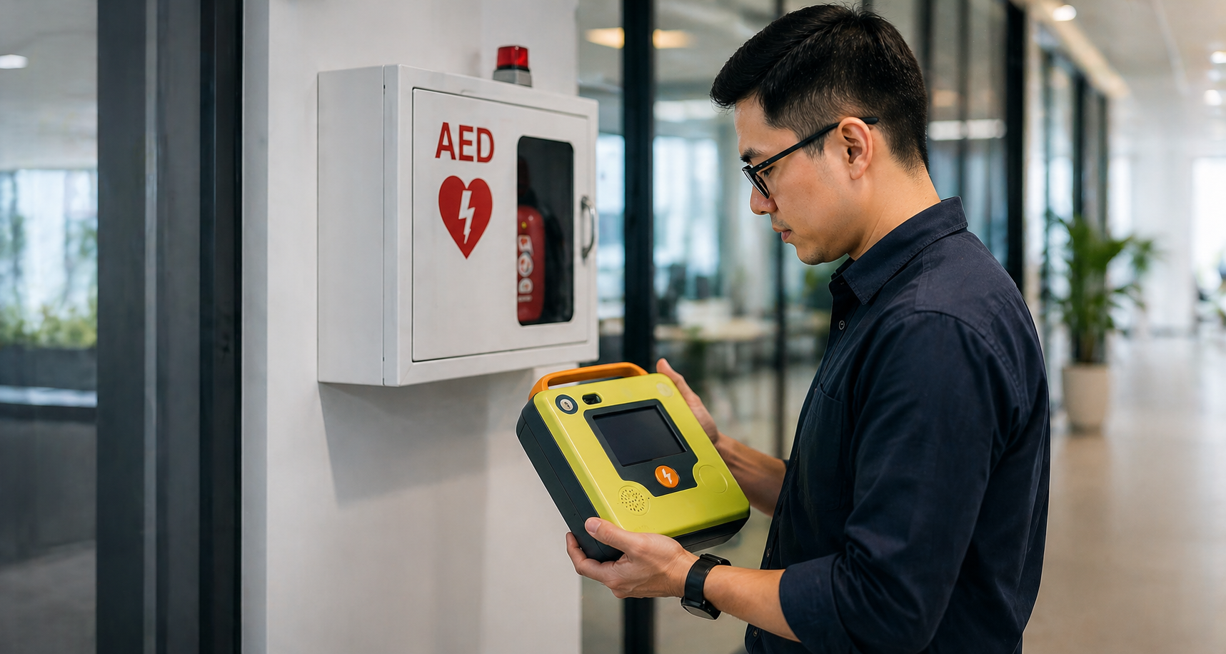 AED awareness and CPR response in workplace first aid training