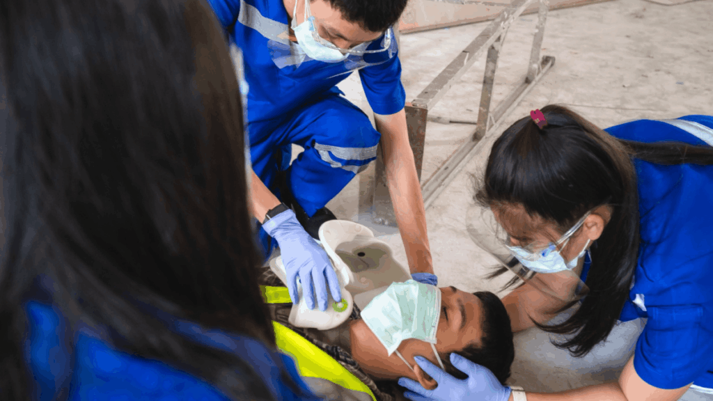 trainers asessing a man that is unconscious